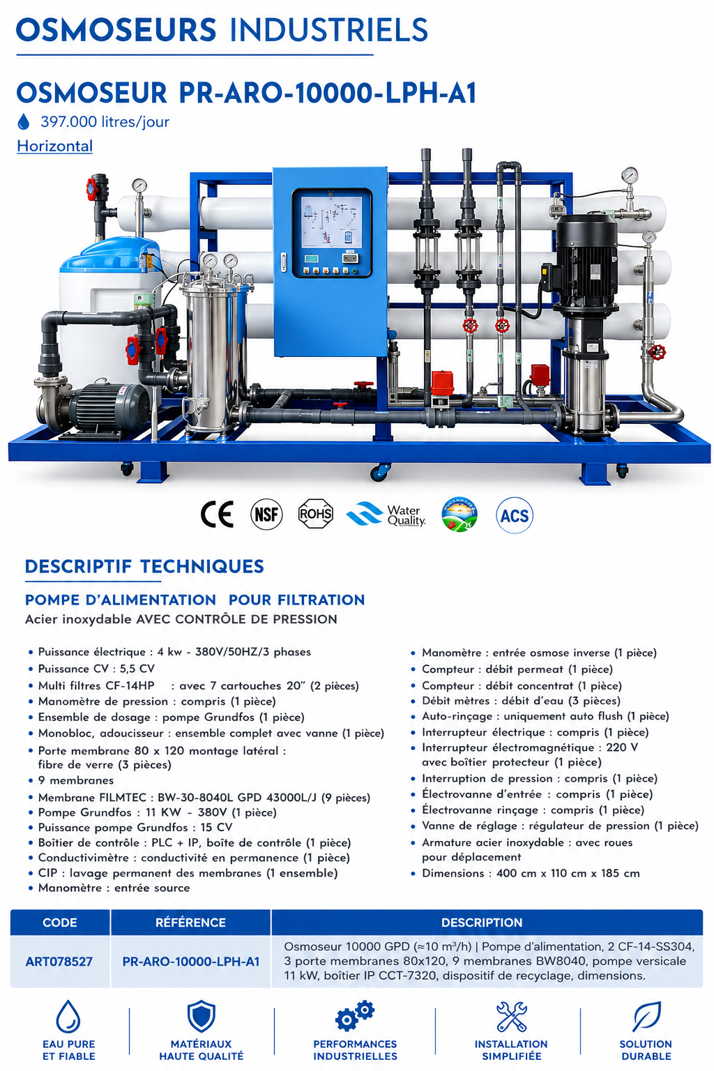 Osmoseur Industriel Aquapro PR-ARO-10000-LPH-A1 — 397 000 LitresJour, Horizontal
